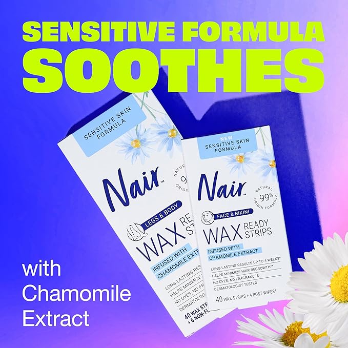 Nair Sensitive Hair Remover Mess-Free Wax Ready Strips, Legs and Body Easy Hair Removal Wax Strips for Sensitive Skin, Chamomile Extract, Dermatologist Tested, Plus 6 Post Wipes, 40 Count