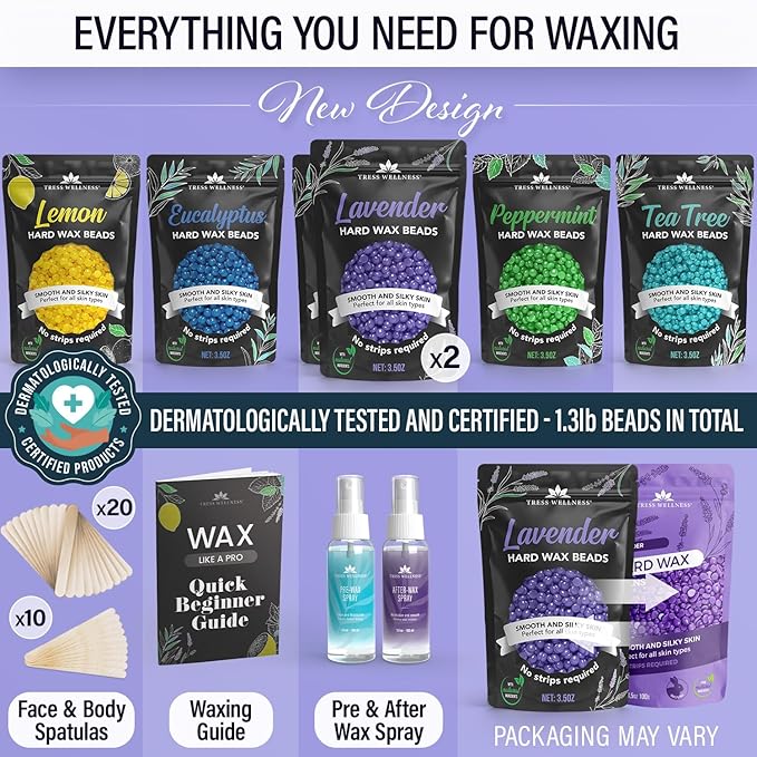 Tress Wellness Wax Beads - Safe for Skin - Dermatologically Tested - At-Home Kit for Bikini, Brazilian & Full Body - Variety 1.3lb