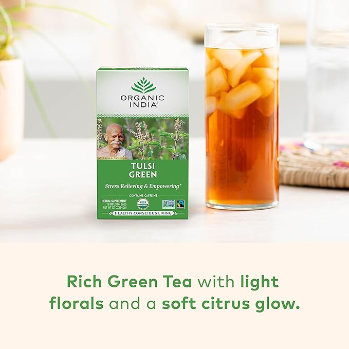 ORGANIC INDIA Tulsi Green Tea Bags - Holy Basil Tea, African Basil, Stress Relieving, Immune Support, USDA Certified Organic, Premium Darjeeling Green Tea, Caffeinated - 18 Infusion Bags, 3 Pack
