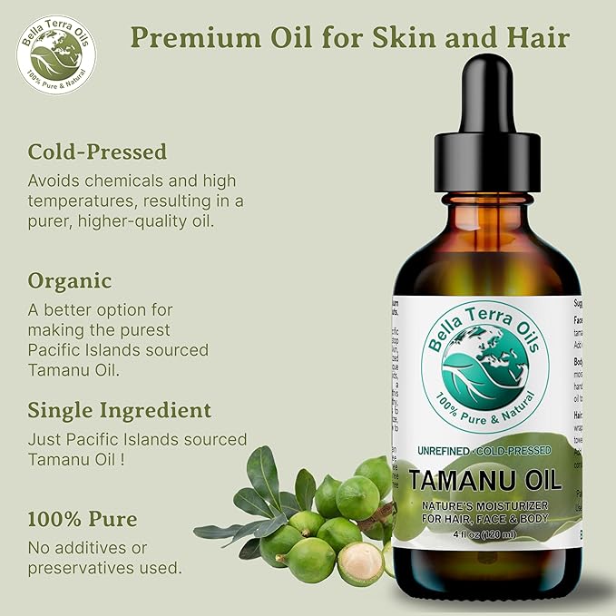 Bella Terra Oils - Organic Tamanu Oil 16 oz - Harness the Power of Nature, Infused with Stearic Acid & Calophyllolide, Perfect Choice for Luxurious Skin Nourishment