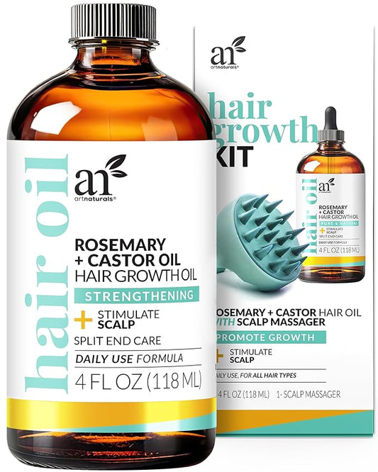 ArtNaturals Organic Rosemary & Castor Hair Growth Oil + Scalp Massager Set – Hair Relaxer for Dry, Itchy Scalp, Thickening & Hydration - Scalp Oil Products For Damaged Hair & Split Ends – 4.0 oz