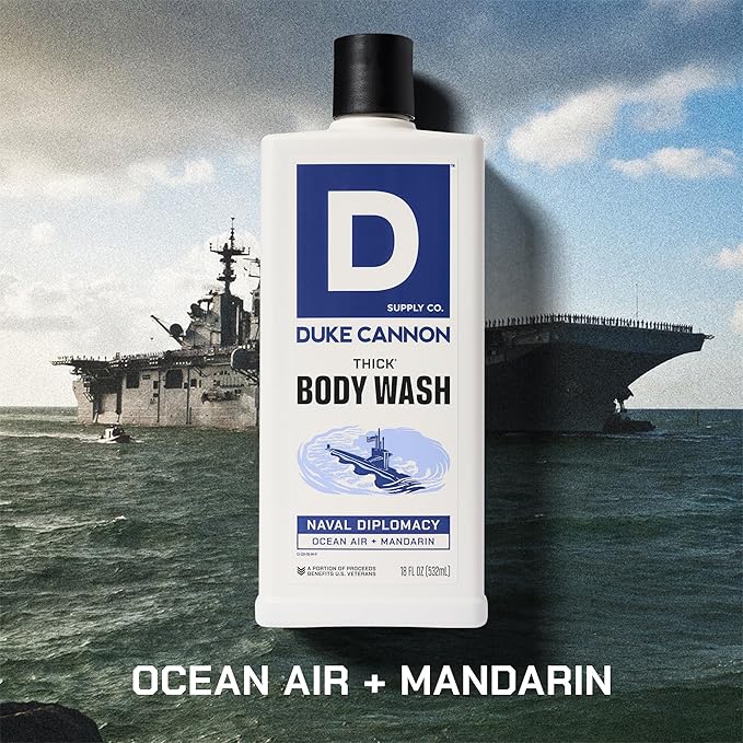 Duke Cannon Supply Co. Thick High Viscosity Body Wash - 3X Thicker, Cleansing Shower and Bath Gel, Mineral-Enriched Body Wash - Citrus Musk + Cedarwood - Mens Body Scrub - Naval Diplomacy (18 oz)