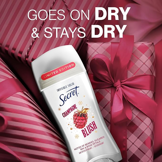 Secret Fresh Antiperspirant Deodorant for Women, 72hr Breathable Odor Protection with Pro-Hyaluronic Acid, Holiday Invisible Solid, Champagne Blush with Berries, Sugared Rim & Rose Petals Scent, 2.6oz