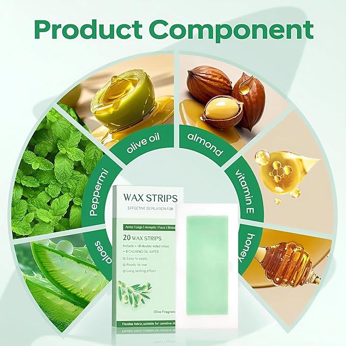 Wax Strips - Body Waxing Strips, Wax Kit for Women & Men - Brazilian Wax Kit, Back Waxing Kit, All Skin Types, Face, Arms, Legs, Armpits, Bikini, 98% Natural, Hypoallergenic Odourless, Green