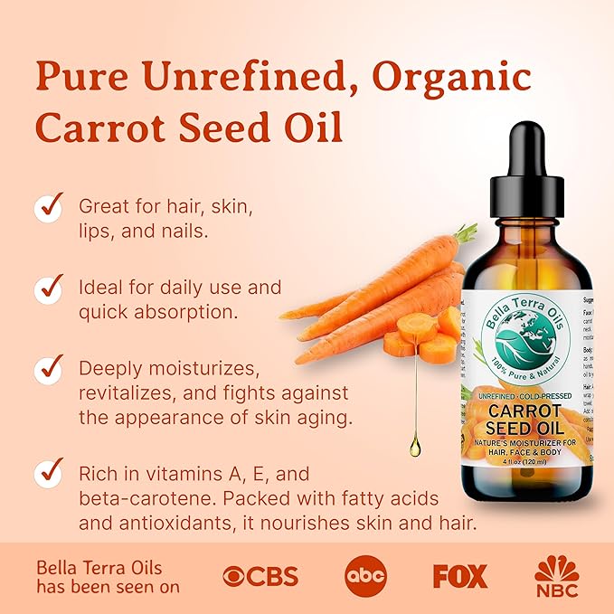 Bella Terra Oils - Organic Carrot Seed Oil 2 oz - Cold-Pressed Elixir, Abundant in Vitamin A & E, Beta-Carotene Richness, Ideal for Nourished Skin Radiance