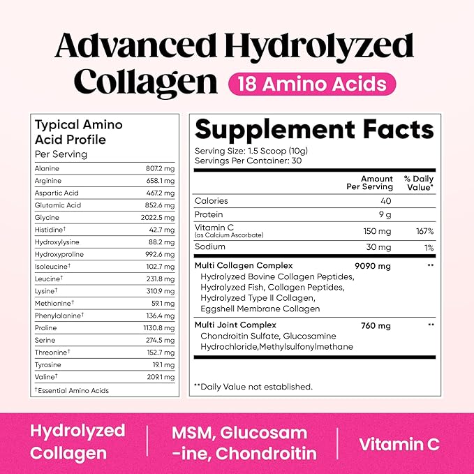 Venture Pal Multi Collagen Protein Powder Type I, II, III, V, X - Hydrolyzed Collagen Peptides MSM + GC & Vitamin C Collagen Supplement for Women & Men | Joint, Hair, Skin & Nail Support | Non-GMO