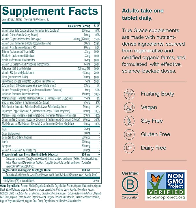 True Grace One Daily Women’s Multivitamin Fermented Minerals, Organic Adaptogens & Mushrooms Whole Body Balance, Immune, Energy, Beauty Support - Non-GMO, Gluten Free, Soy Free - 30 Vegan Tablets