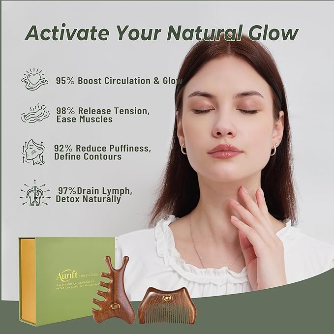 4-in-1 Gua Sha Tool with Mini Travel Small Massage Comb Set, Christmas Gifts for Adults Women, Wooden Face & Body Massager Tool – Lymphatic Drainage, Jawline Sculpting, Head Scalp Massager Hair Growth