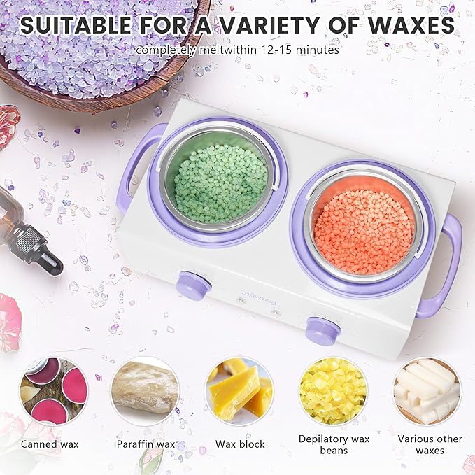 Professional Waxing Kit Wax Warmer Double Pot Wax Heater Machine for Hair Removal, Large Waxing Pot for Spa Salon Beauty Esthetician Home, with Non-Stick Easy Clean Pot, 50 Sticks & 20 Collar, White