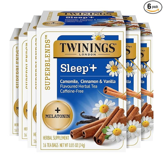 Twinings Superblends Sleep+ Herbal Tea with 1mg Melatonin, Camomile, Cinnamon & Vanilla, Naturally Caffeine-Free, 16 Tea Bags (Pack of 6), 96 Teabags