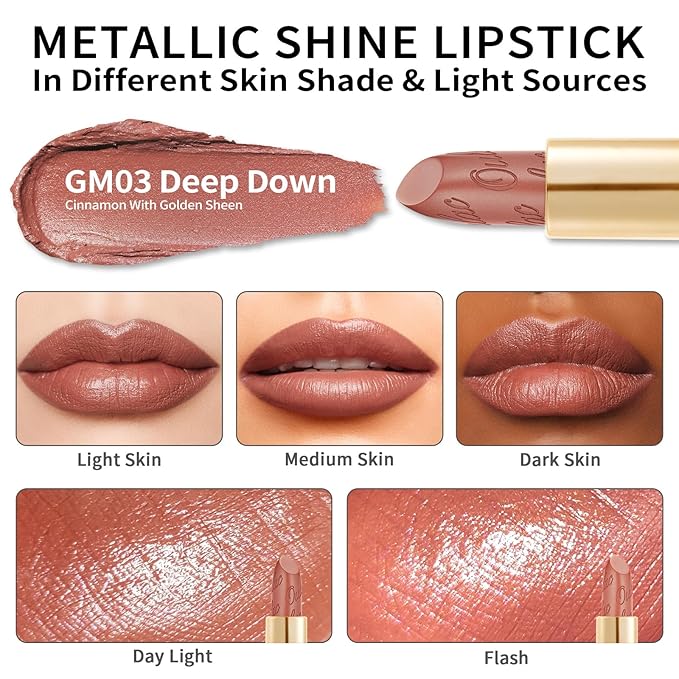 Oulac Matte Cinnamon Lipstick with Glow Metallic Finish - Vegan Lipstick for Women, Creamy Texture, Hydrating Clean Beauty Formula, High-End Magnetic Hook Design, GM03 Deep down