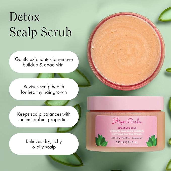 Rizos Curls Detox Scalp Scrub, Exfoliates to Remove Buildup & Excess Oil, Soothes Itchy Scalp, Detoxifying & Clarifying with Pink Clay, Aloe Vera & Peppermint Oil, All Hair Types 1a - 4c, 8.4 oz