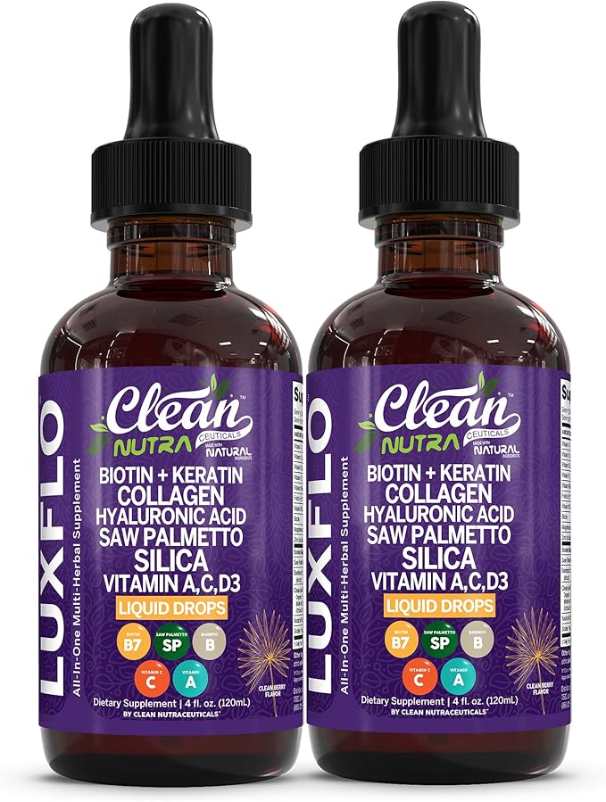 Biotin Liquid Drops Collagen Keratin Hyaluronic Acid Saw Palmetto for Hair Skin and Nails Silica Vitamin A C Vitamin D Bamboo Turmeric Zinc Folate Magnesium Horsetail LuxGlo by Clean Nutra - 2Pack
