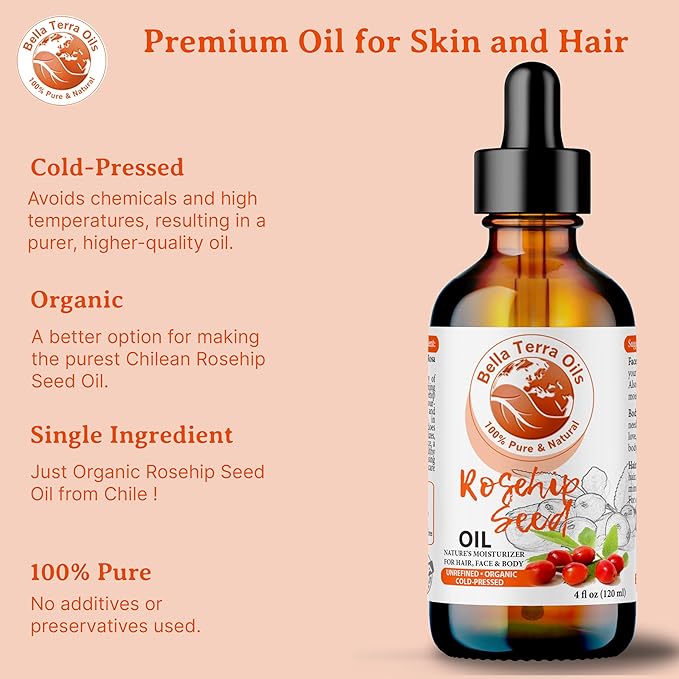 Bella Terra Oils Pure Rosehip Seed Oil for Glowing Skin and Shiny Hair – 1gallon, Rejuvenating, Moisturizing, Non-Greasy, Rich in Antioxidants