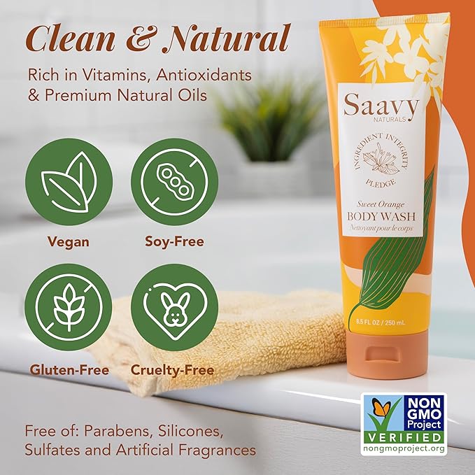 Saavy Naturals Body Wash Sweet Orange Plant-Based Ingredients - Made In USA - Sensitive Skin Body Wash, l Organic & Vegan Formula With Coconut Oil, Shea Butter, And Aloe Vera - 8.5 Fl Oz, 2 Pack