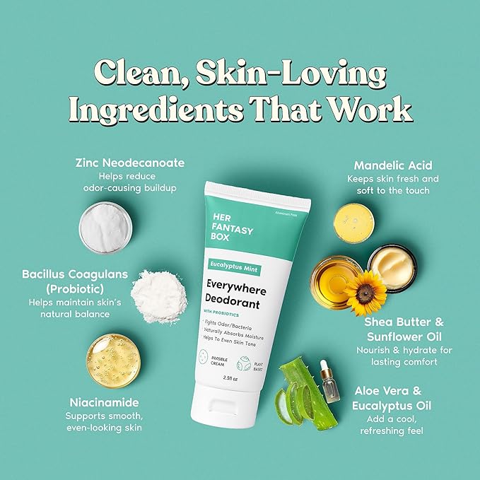 Her Fantasy Box | Everywhere Deodorant | with Probiotics - Mint Scent | Aluminum-Free, Naturally Absorbs Moisture | Fights Odor & Bacteria | Skin-Improving Formula