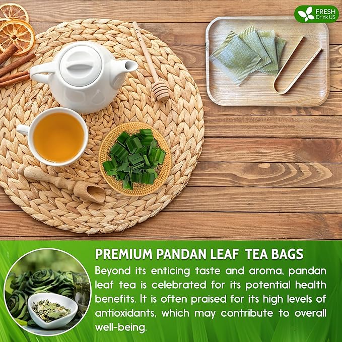 FreshDrinkUS, Premium 15 Pandan Leaf Tea Bags, 100% Natural & Pure from Pandan Leaves. Loose Leaf Pandan Herbal Tea. Made with Natural Material Tea Bags. No Sugar, No Caffeine, No Gluten, Vegan. (15 Tea bags)