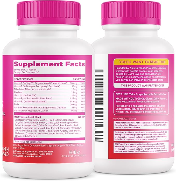 Pink Stork PMS Supplement for Women - Vitex, Ashwagandha, Maca Root & 10 Vitamins & Minerals to Support Hormone Balance, Mood, Bloating, Period Regularity - 60 Capsules