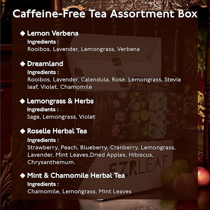 EZR Leaf Decaf Herbal Tea Sampler-22CT Pyramid Bags with Natural Fruit & Floral Blends – Caffeine-Free Assorted Tea Gift Set for Women & Men Blend Lemon Verbena x4, Lemongrass & Herbs x5, Mint & Chamomile x4,Dreamland x5, Roselle x4