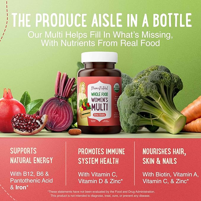 Mama Natural Organic Women's Multivitamin – Whole Food Based, 1 A Day Vegan Tablet – USDA Organic, Non-GMO, Clean Label Multivitamin for Women – 30 Day Supply with Iron & Methylated B12