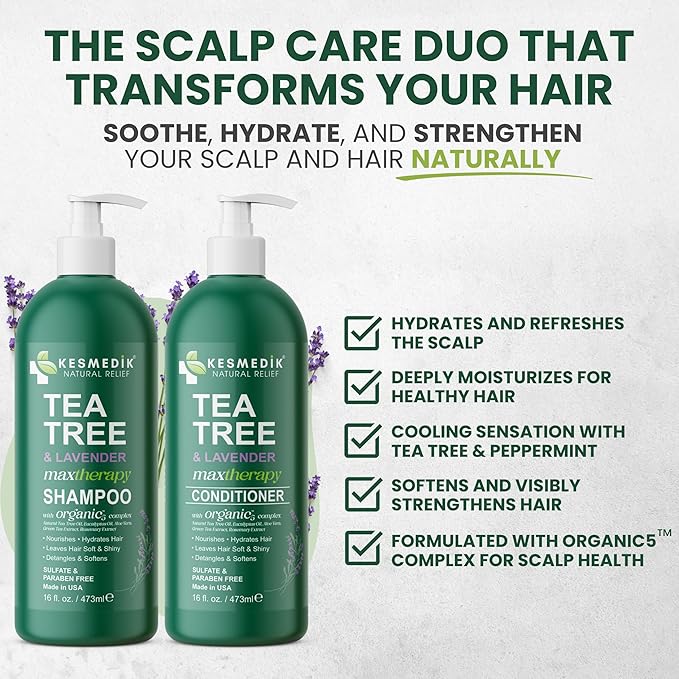 Tea Tree Lavender Shampoo & Conditioner Set with Mint & Rosemary, Cleanses, Cools & Soothes Dry, Itchy Scalp, Sulfate & Paraben-Free, For All Hair Types, 16 fl oz Each