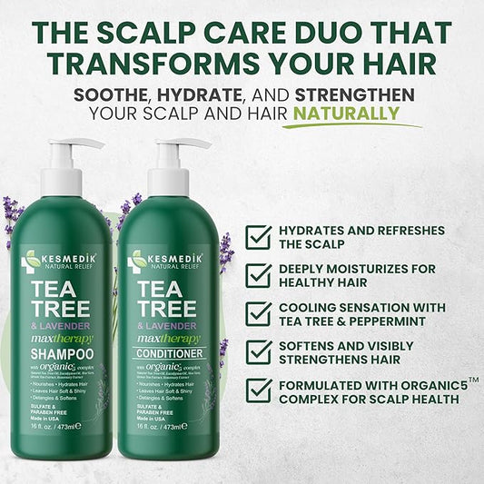 Tea Tree Lavender Shampoo & Conditioner Set with Mint & Rosemary, Cleanses, Cools & Soothes Dry, Itchy Scalp, Sulfate & Paraben-Free, For All Hair Types, 16 fl oz Each