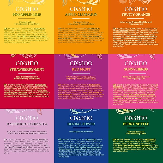 Creano Organic Fruit Tea Herbal Tea Gift Set – 45 Organic Tea Bags in 9 Dreamy Varieties – 90 g