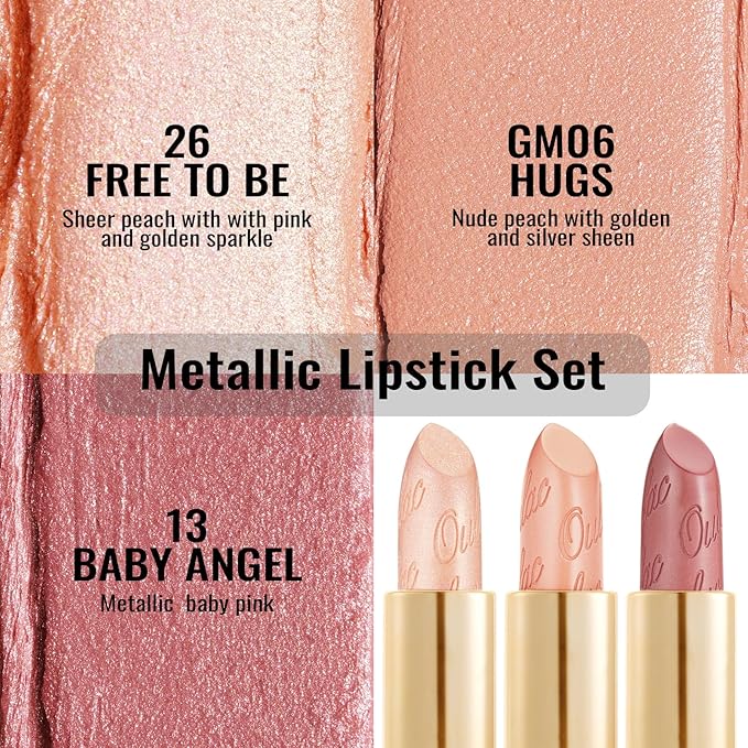Oulac Metallic Nude Lipstick Set 3PCS High Impact Lipcolor with Moisturizing Formula, Vegan Beauty, Full-Coverage Lip Color, Gift Lipstick for Women, 4.3g X 3PCS, 13+26+GM06