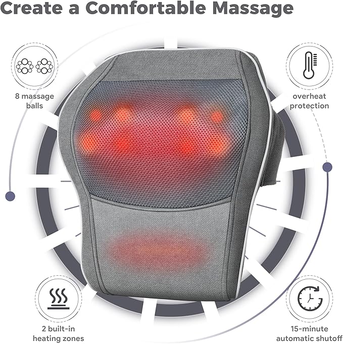 Brelley Shiatsu Neck and Back Massager with Heat, Deep Tissue Kneading Massage Pillow, Electric Massagers with Bi-Directional Rotating Head for Neck, Back, Shoulders, and Legs