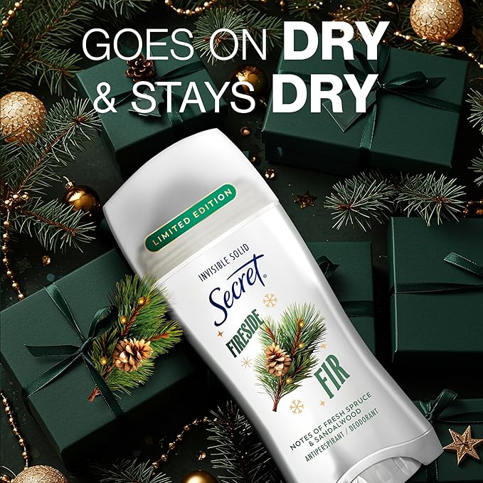 Secret Fresh Antiperspirant Deodorant for Women, 72hr Breathable Odor Protection with Pro-Hyaluronic Acid, Holiday Invisible Solid, Fireside Fir with Fresh Spruce & Sandalwood Scent, 2.6 oz