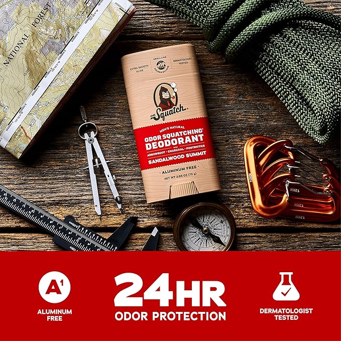 Dr. Squatch Natural Men’s Deodorant – Aluminum Free Natural Deodorant Men with Charcoal & Postbiotics for 72-Hour Odor Protection – Sandalwood Summit, 2.65oz Stick (3-Pack)