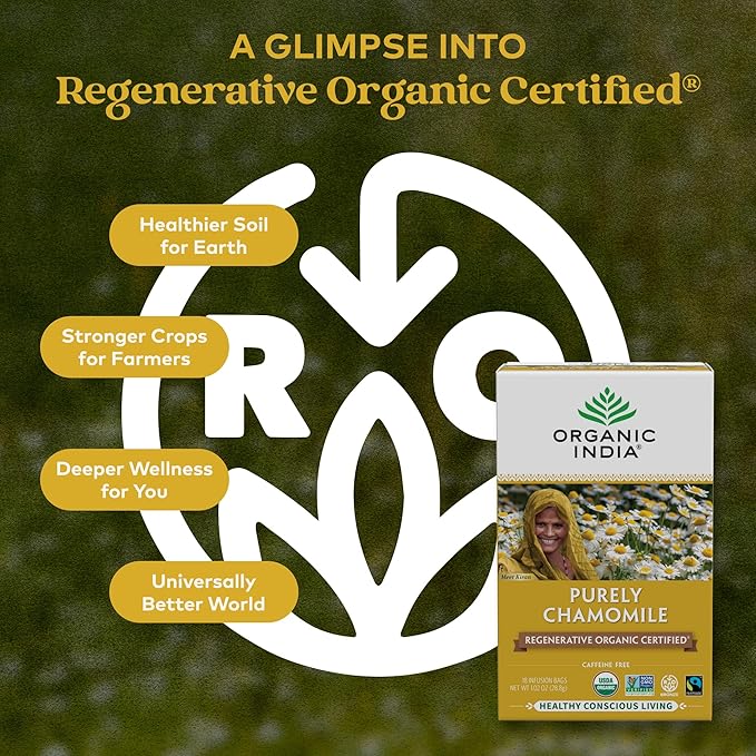 Organic India Purely Chamomile Tea- Regenerative Organic Chamomile Flowers, Caffeine Free, Calming & Relaxing Herbal Tea, Natural Support for Sleep & Relaxation- 18 Tea Bags, Pack of 3
