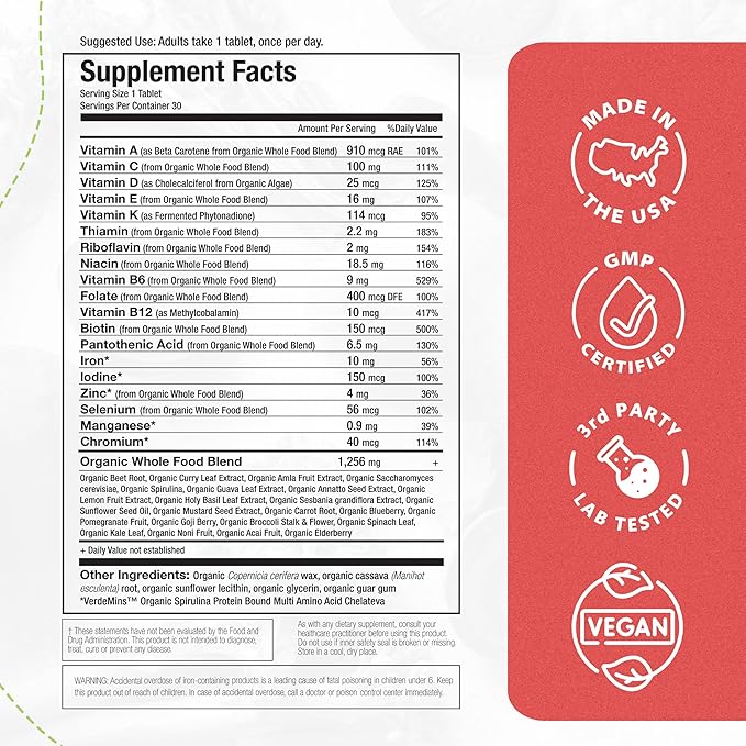 Mama Natural Organic Women's Multivitamin – Whole Food Based, 1 A Day Vegan Tablet – USDA Organic, Non-GMO, Clean Label Multivitamin for Women – 30 Day Supply with Iron & Methylated B12
