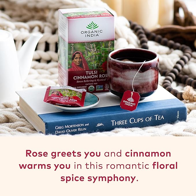 ORGANIC INDIA Tulsi Cinnamon Rose Tea - Tulsi Rose Tea Bags, Cinnamon Tea Bags w/Holy Basil, Chamomile, Caffeine Free - 18 Infusion Bags, 3 Pack