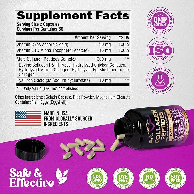 Multi Collagen Peptides - Hydrolyzed Types I, II, III, V & X - Collagen Supplement for Women 1300mg - w/ Hyaluronic Acid, Vitamins C & E - Skin, Hair, Nails & Joint Support - Made in USA, 120 Capsules