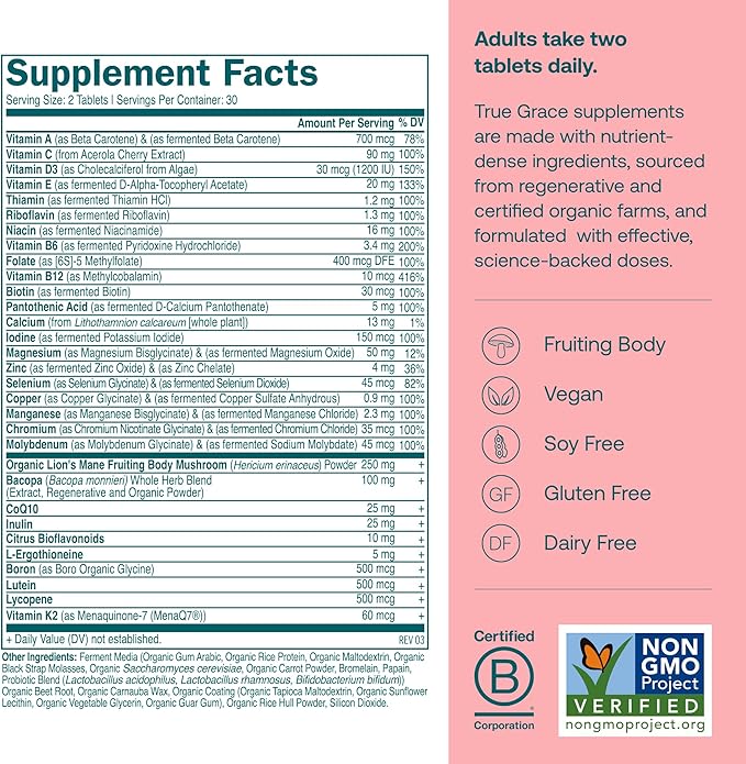 True Grace Daily Women’s Multivitamin 50+ - 60 Easy-to-Swallow Tablets - Immune, Energy, Longevity & Memory Support - Vegan - Gluten, Soy & Iron Free - 30 Servings