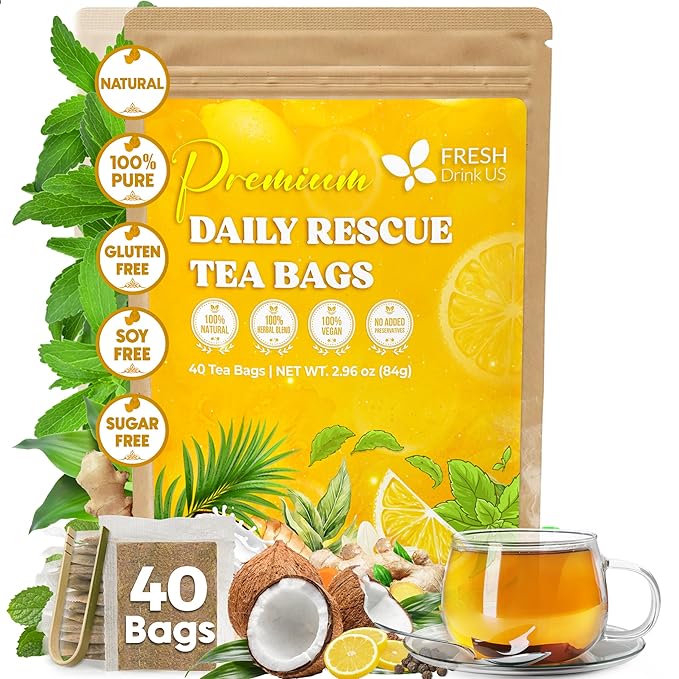 FreshDrinkUS, Premium 40 Tea Bags Daily Rescue Lemon Ginger Tea - 9 Superherbs – 100% Natural Ingredients, Tea Mix for Wellness Boost - Shelf-Stable, Caffeine-Free, Sugar-Free, Vegan