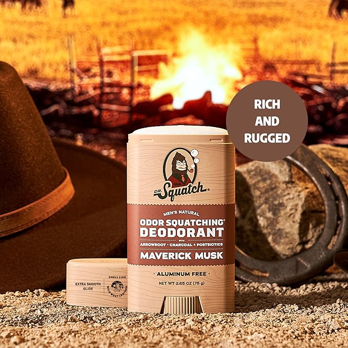 Dr. Squatch Natural Men’s Deodorant – Aluminum Free Natural Deodorant Men with Charcoal & Postbiotics for 72-Hour Odor Protection – Maverick Musk, 2.65oz Stick (3-Pack)
