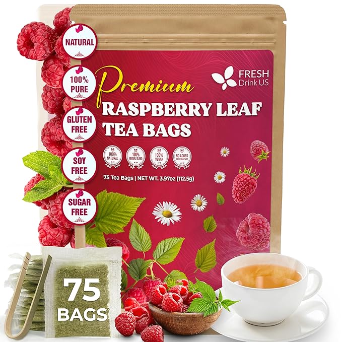 FreshDrinkUS, 75 Bags Premium Raspberry Leaf Teawith Chamomile Flavor, Eases Menstrual Cramps & Supports Healthy Pregnancy, Naturally, Caffeine-Free, Sugar Free, Vegan