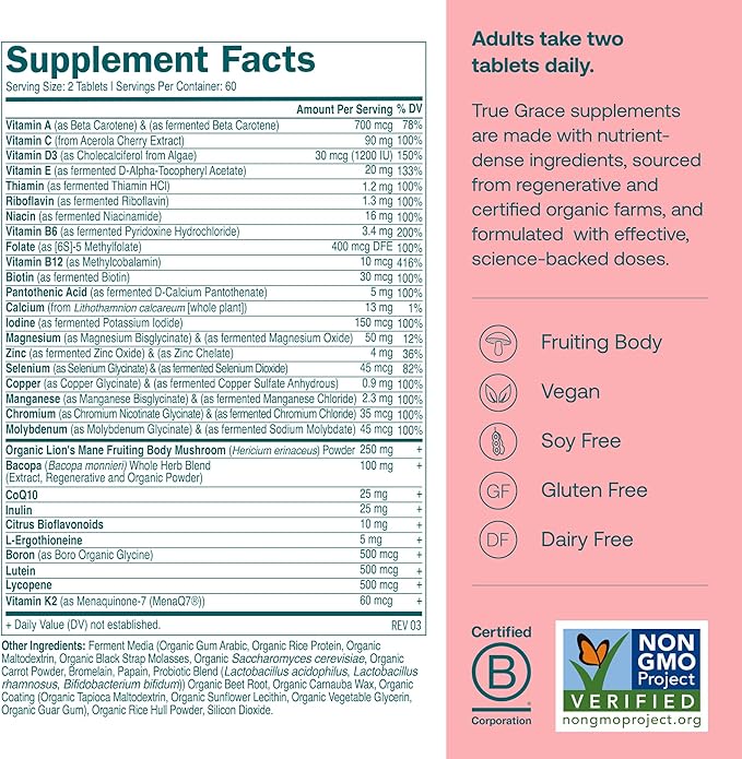 True Grace Daily Women’s Multivitamin 50+ - 120 Easy-to-Swallow Tablets - Immune, Energy, Longevity & Memory Support - Vegan - Gluten, Soy & Iron Free - 60 Servings