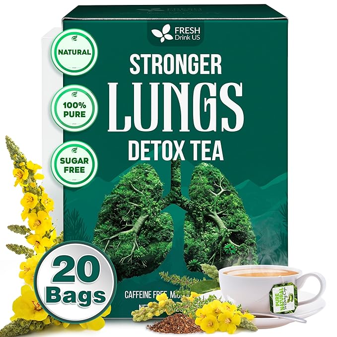 FreshDrinkUS StrongerLungs 20 Tea Bags - Mullein Leaf, Ginseng, Elderberry, Ginger & Thyme - Supports Lung Cleanse, Congestion Relief & Mucus Detox - Caffeine-Free & All-Natural