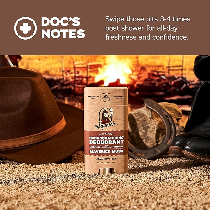 Dr. Squatch Natural Men’s Deodorant – Aluminum Free Natural Deodorant Men with Charcoal & Postbiotics for 72-Hour Odor Protection – Maverick Musk, 2.65oz Stick (3-Pack)