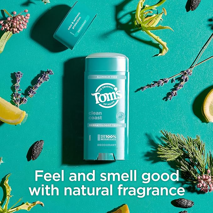Tom’s of Maine Clean Coast Aluminum Free Natural Deodorant For Women & Men | Goes on Clear | Odor & Wetness Protection | Naturally Derived and Moisture-Locking Ingredients | 3.25 oz (2 Pack)