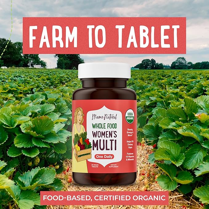 Mama Natural Organic Women's Multivitamin – Whole Food Based, 1 A Day Vegan Tablet – USDA Organic, Non-GMO, Clean Label Multivitamin for Women – 30 Day Supply with Iron & Methylated B12