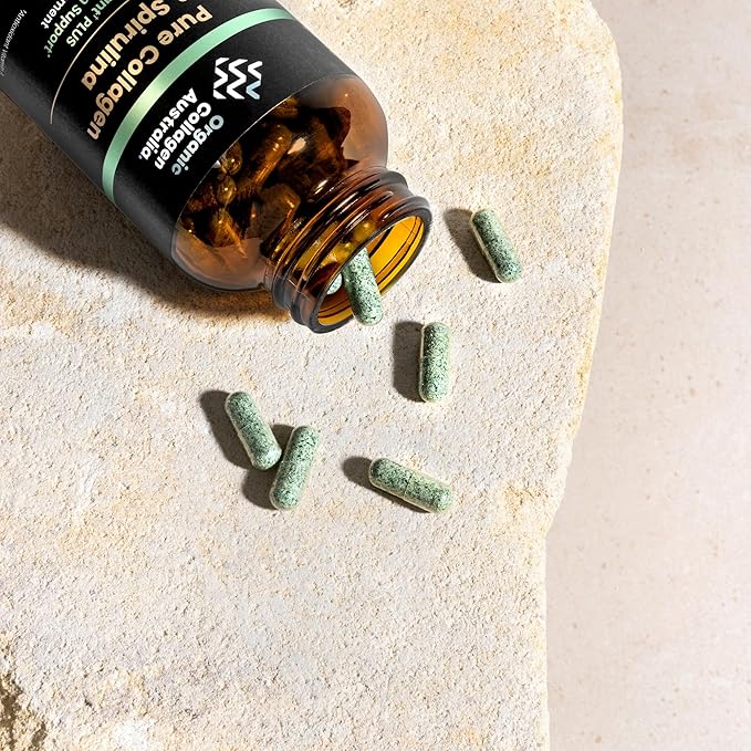 Organic Collagen Australia Pure Collagen & Spirulina Capsules – Antioxidant-Rich Supplement for Skin Elasticity, Joint Health, Metabolism Support & Energy (120 Capsules)