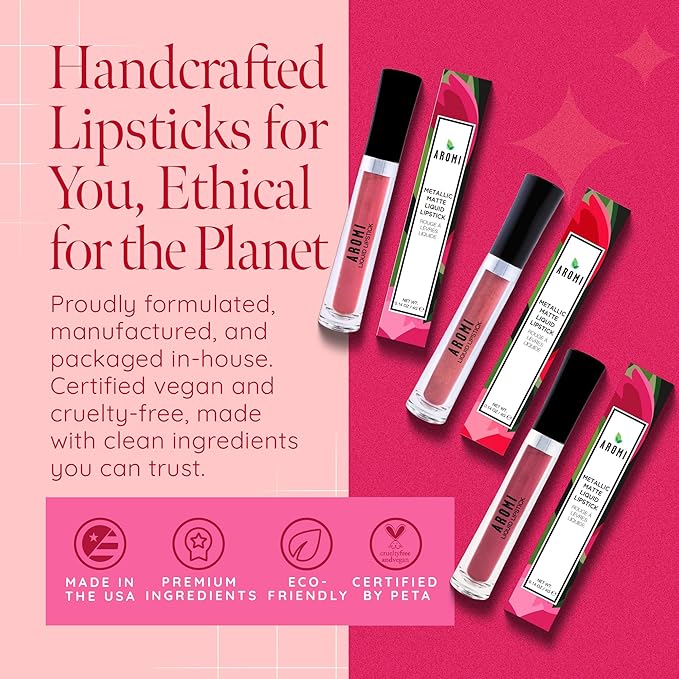 Aromi Metallic Liquid Lipstick | Rosy Chestnut Lip Color with Shimmery Finish, Vegan, Pink Nude Shade, Long-lasting, Waterproof (Alpine Bloom)