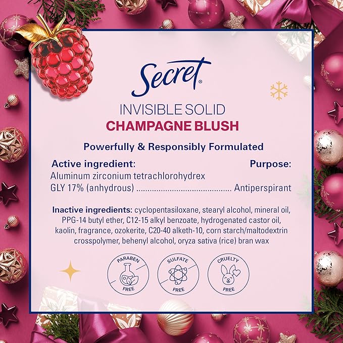 Secret Fresh Antiperspirant Deodorant for Women, 72hr Breathable Odor Protection with Pro-Hyaluronic Acid, Holiday Invisible Solid, Champagne Blush with Berries, Sugared Rim & Rose Petals Scent, 2.6oz