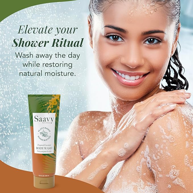 Body Wash Tropical Coconut Saavy Naturals - Plant-Based Ingredients - Made In Usa - Sensitive Skin Body Wash, l Organic & Vegan Formula With Coconut Oil, Shea Butter, And Aloe Vera - 8.5 Fl Oz,