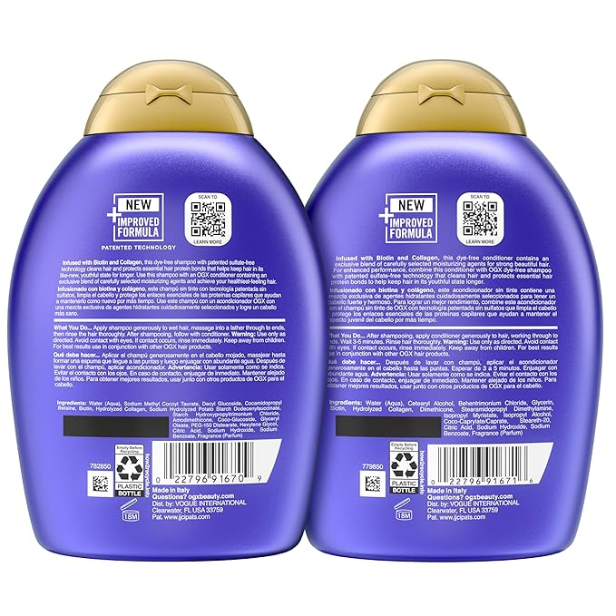 OGX Thick & Full + Biotin and Collagen for Hair Volume & Body, Sulfate Free Volumizing Shampoo & Conditioner Set for Fine & Thinning Hair, Nutrient-Infused, Vitamin B7, 13 fl oz, 2 Pack