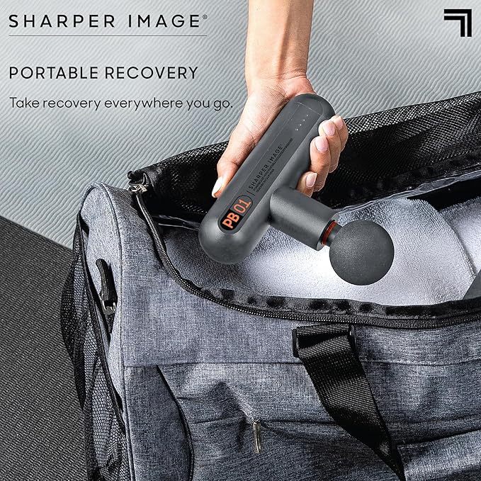 Sharper Image Percussion Massage Gun, Powerboost Move, Lightweight & Portable, 4 Attachments, 4 Speeds, Full Body Back & Shoulder Massager for Deep Tissue Muscle Recovery, Pain Relief & Soreness